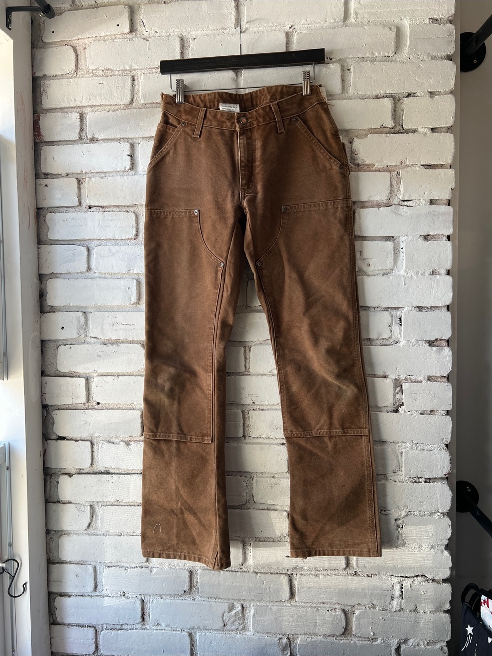Carhartt Brown Men's Cargo Work Pants with straight leg and distressing